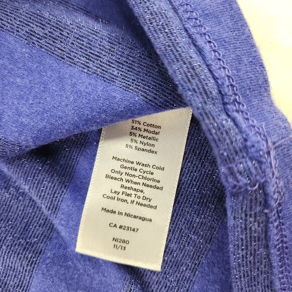 Blue Striped Shirt Womens PM Medium Petite Horizontal Sparkly Shimmer Cap Sleeve - Picture 12 of 12